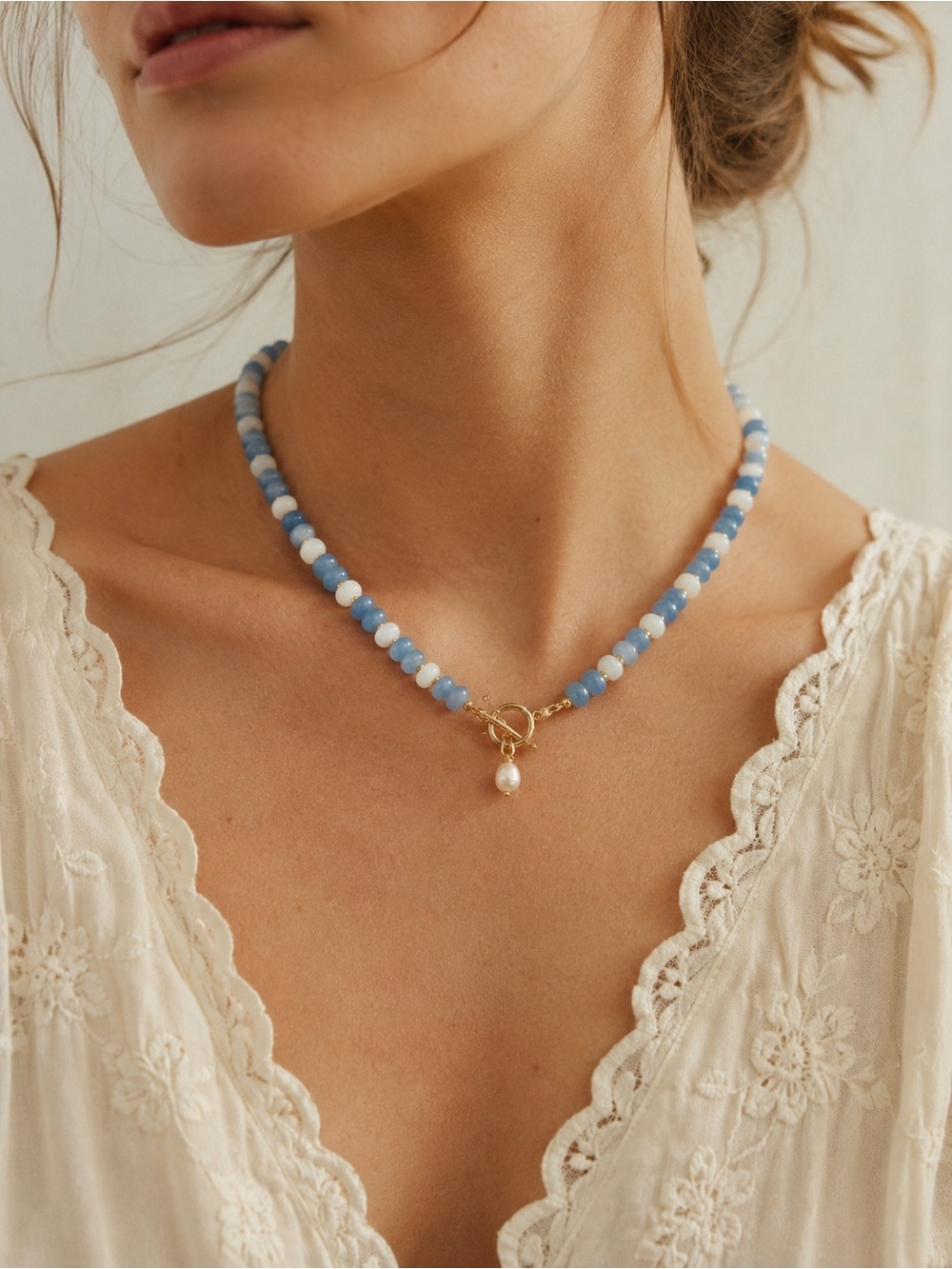 N1 Blue Jade & Aquamarine Natural Stone Beaded Necklace with Fresh Water Pearl